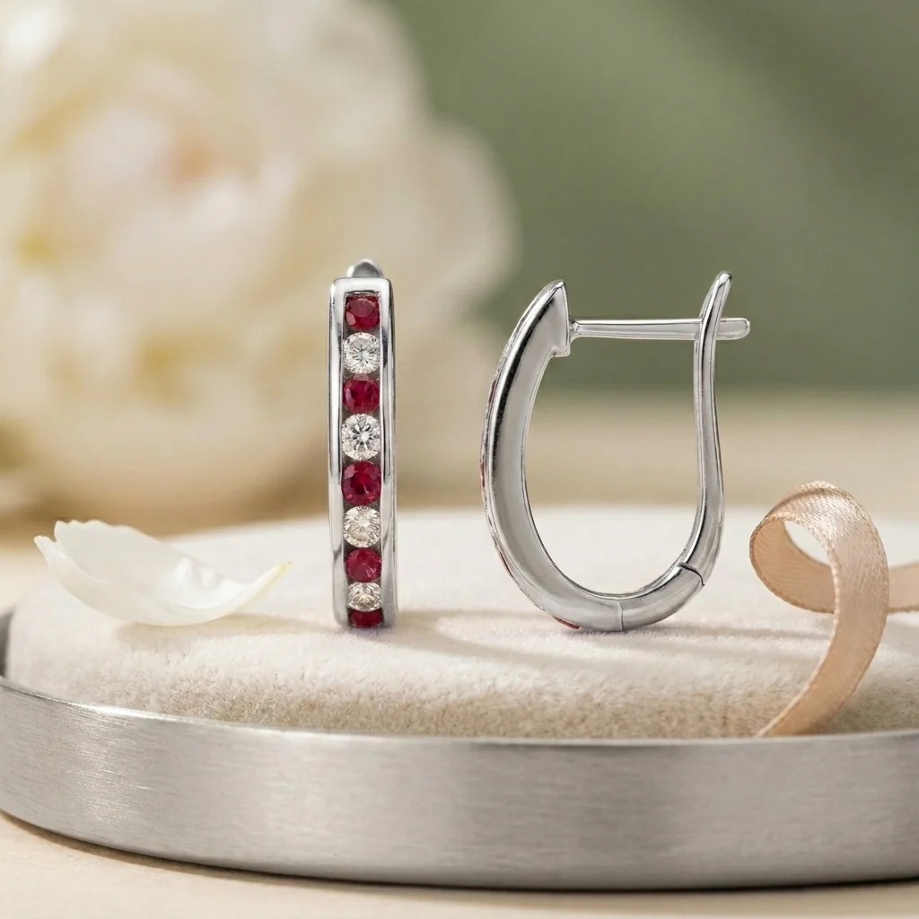 0.30 Carat Natural Ruby & Diamond Channel Set Hoop Earrings in 18K Yellow Gold - Image 3