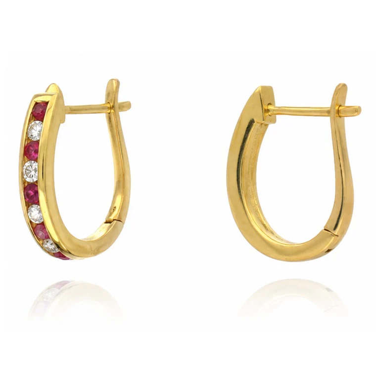 0.30 Carat Natural Ruby & Diamond Channel Set Hoop Earrings in 18K Yellow Gold - Image 4