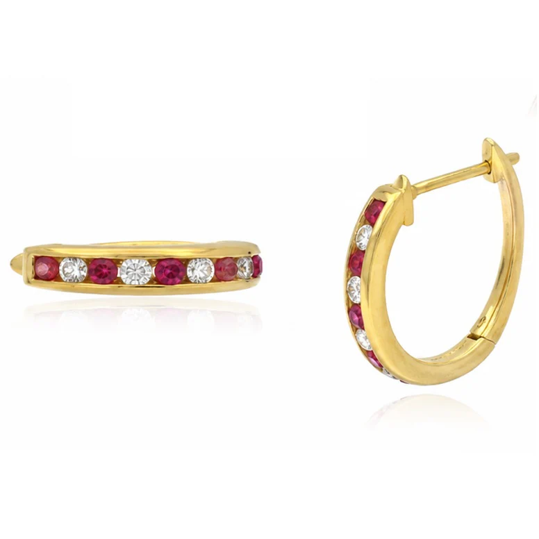 0.30 Carat Natural Ruby & Diamond Channel Set Hoop Earrings in 18K Yellow Gold - Image 5