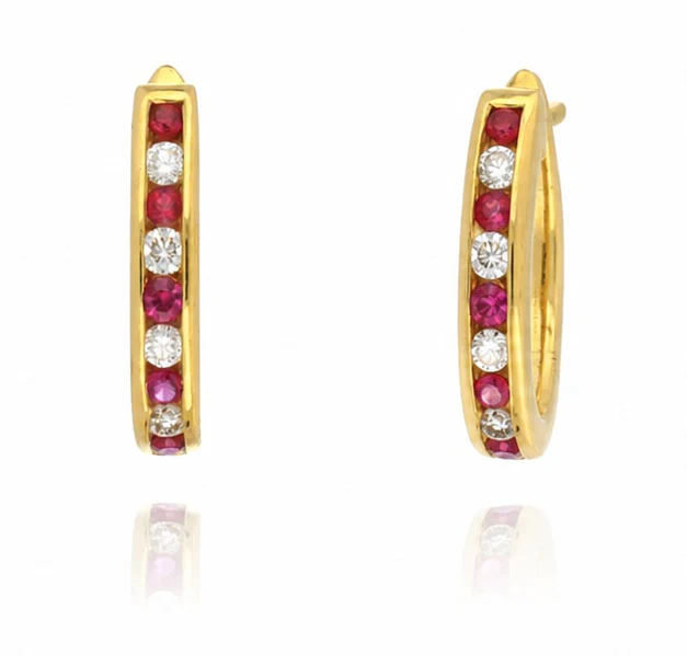 0.30 Carat Natural Ruby & Diamond Channel Set Hoop Earrings in 18K Yellow Gold - Image 6
