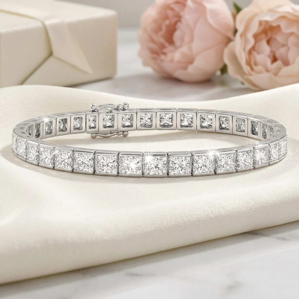 10.00 Carat D-E/VS Lab Grown Princess Diamond Channel Set Bracelet In White Gold - Image 2