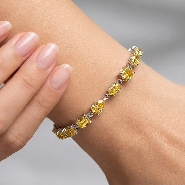 12.60Ct Multi Shape Fancy Vivid Yellow Diamond Tennis Bracelet In Platinum 22grams - Image 5