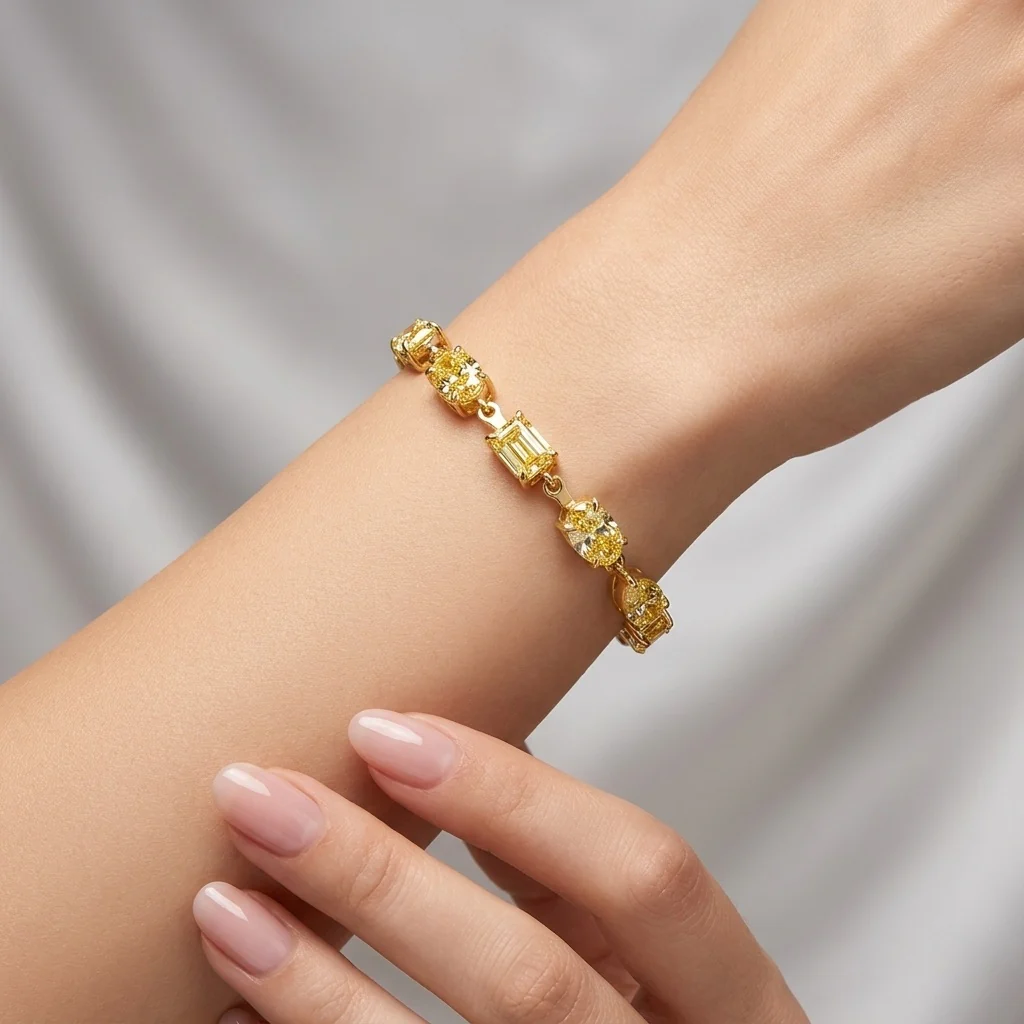 15.75Ct, Multi Shape Fancy Vivid Yellow Diamond Tennis Bracelet In 18K Yellow Gold - 17Grams - Image 2