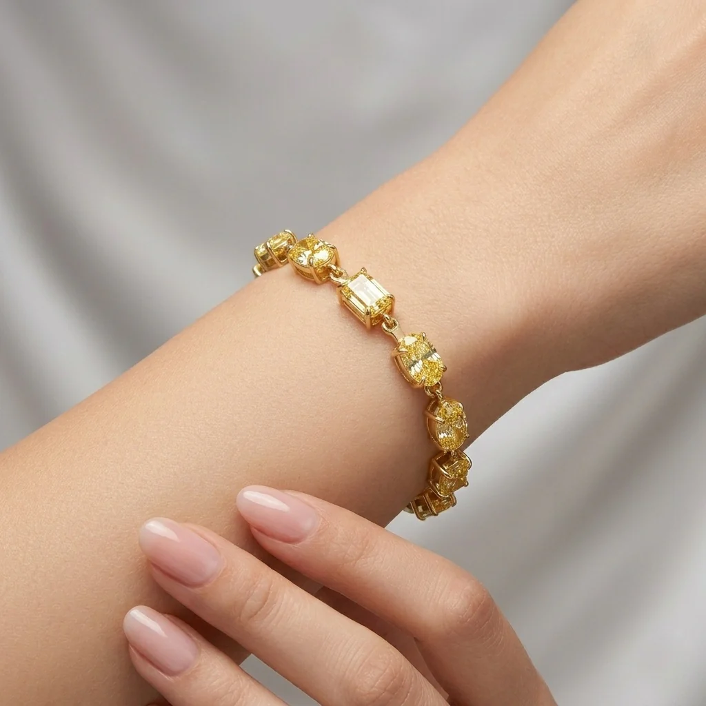 15.75Ct, Multi Shape Fancy Vivid Yellow Diamond Tennis Bracelet In 18K Yellow Gold - 17Grams - Image 4