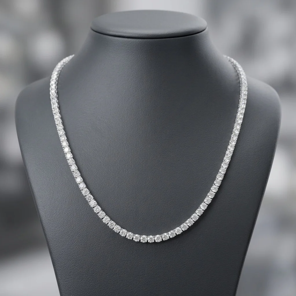 30ct Round Lab Diamond Tennis Necklace – 9K Gold, D/VS