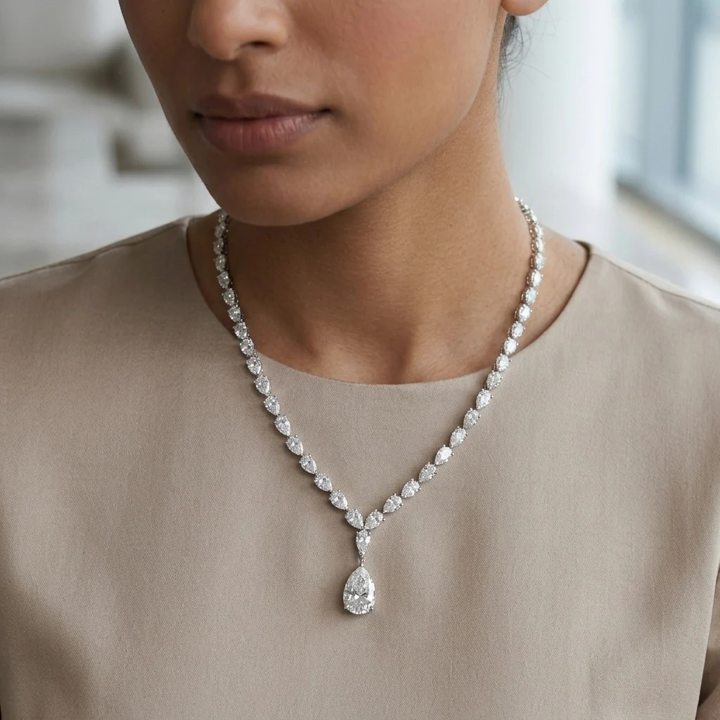 34Ct Pear Diamond Tennis Necklace – 18K White Gold, F/VS - Image 2