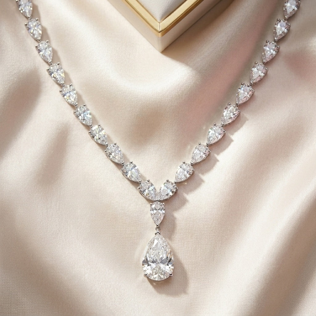 34Ct Pear Diamond Tennis Necklace – 18K White Gold, F/VS - Image 3