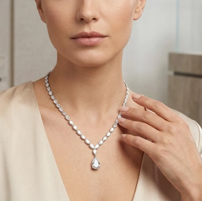 34Ct Pear Diamond Tennis Necklace – 18K White Gold, F/VS - Image 4