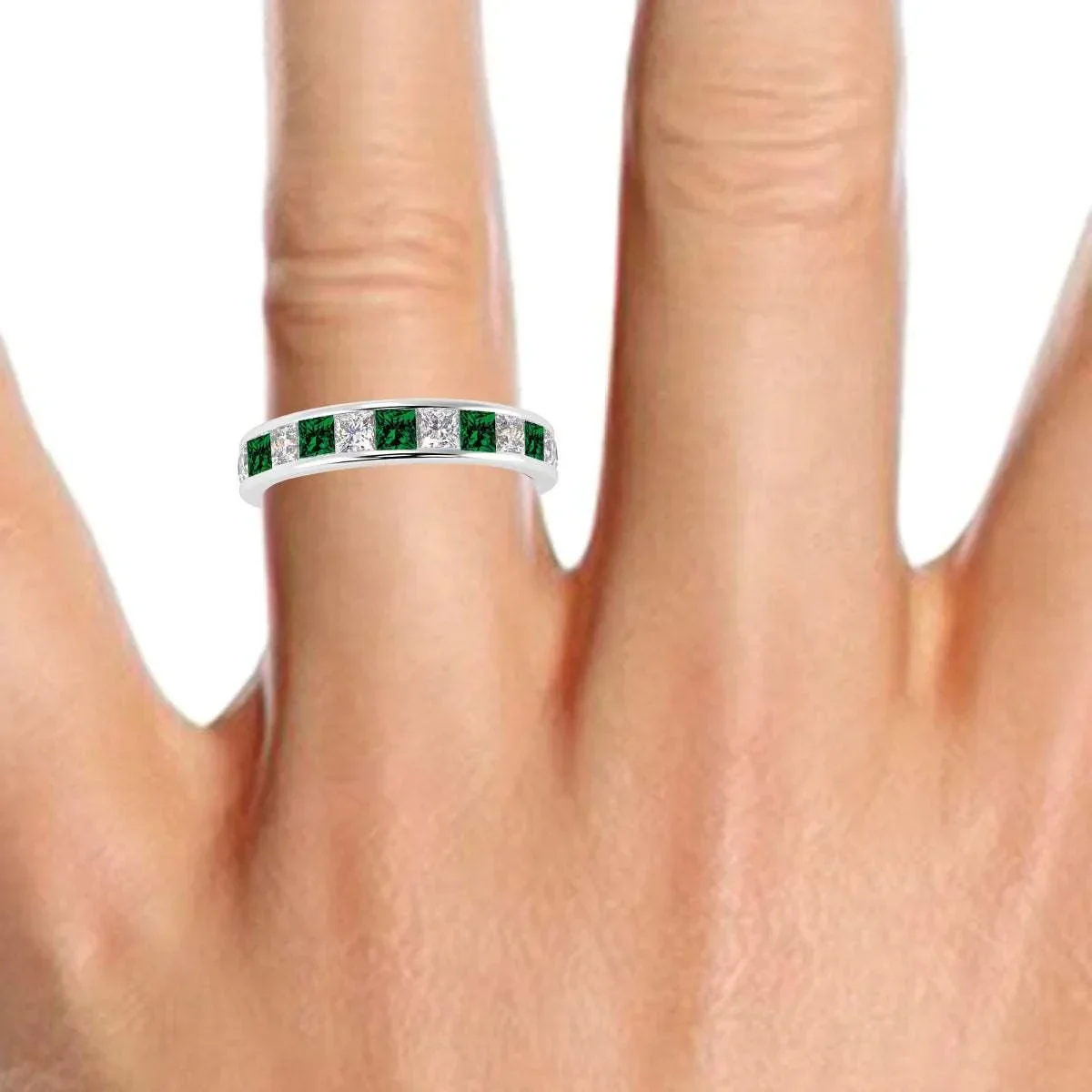 3mm 0.75Ct Emerald And Princess Diamond Half Eternity Ring - Image 5