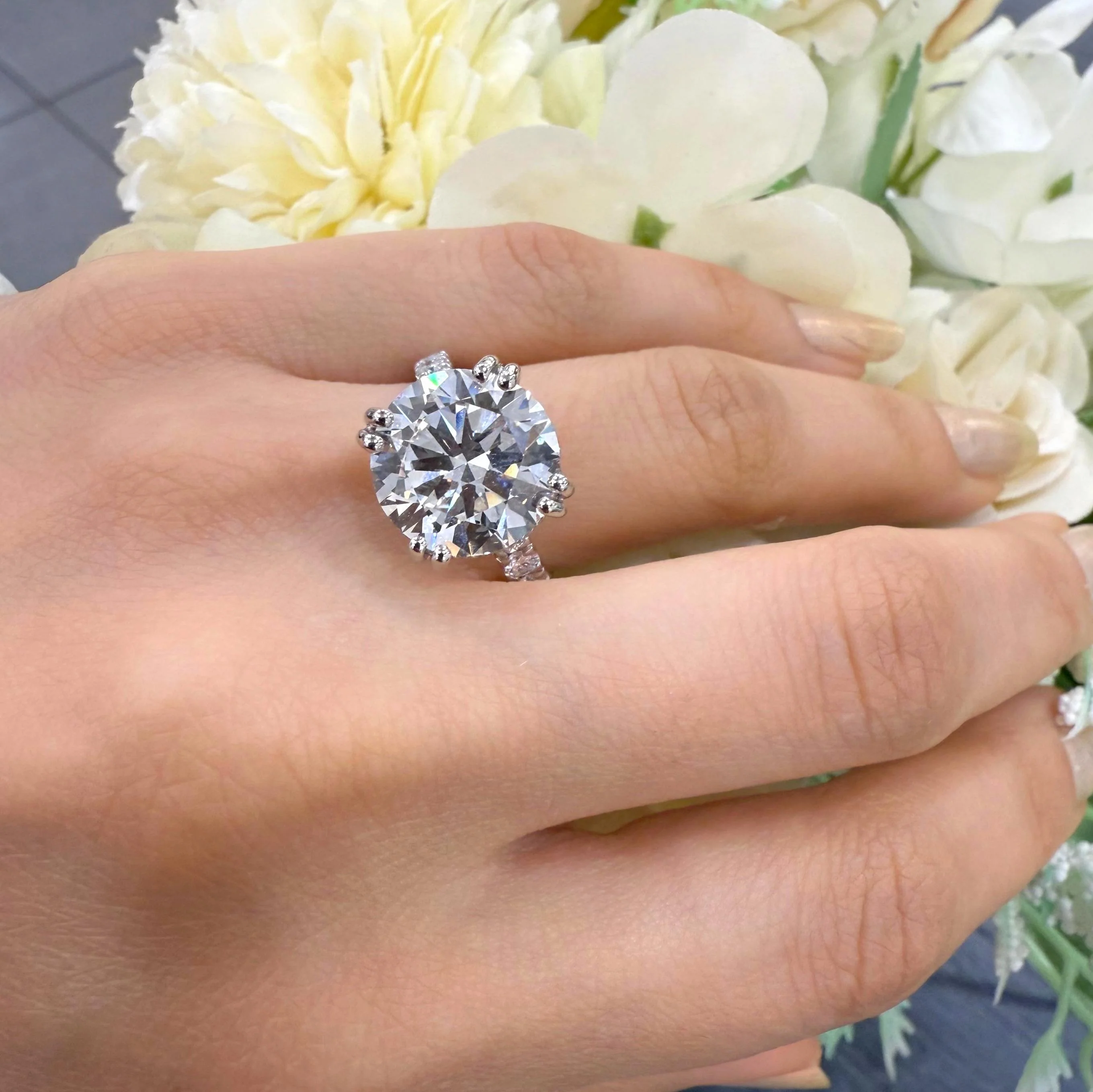 7.75CT IGI Certified Lab Grown Round Diamond Engagement Ring with Side Stones in Platinum