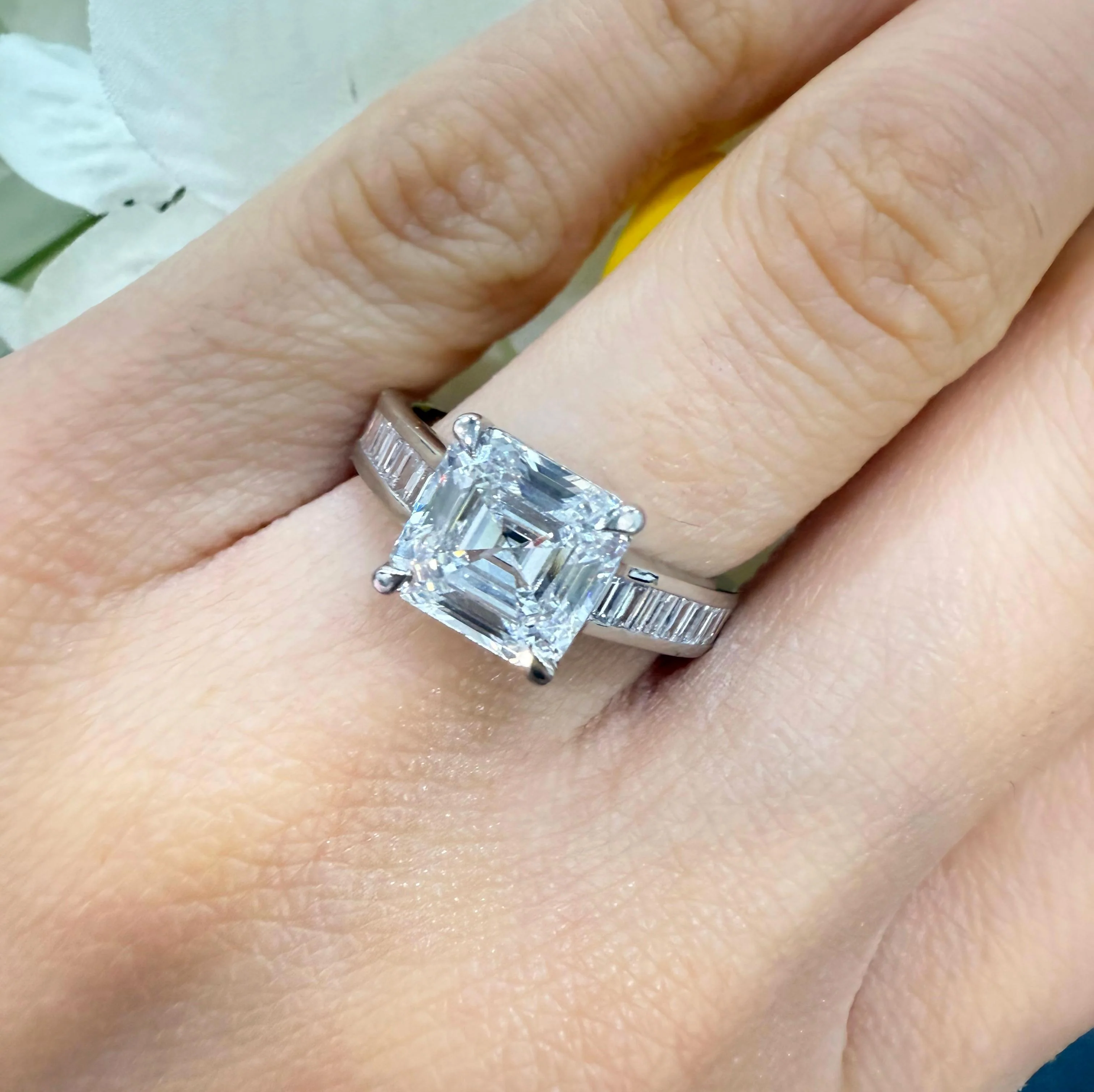 3.50CT IGI Certified Lab Grown Asscher & Baguette Diamond Engagement Ring in Platinum. E/VS quality, UK hallmarked,