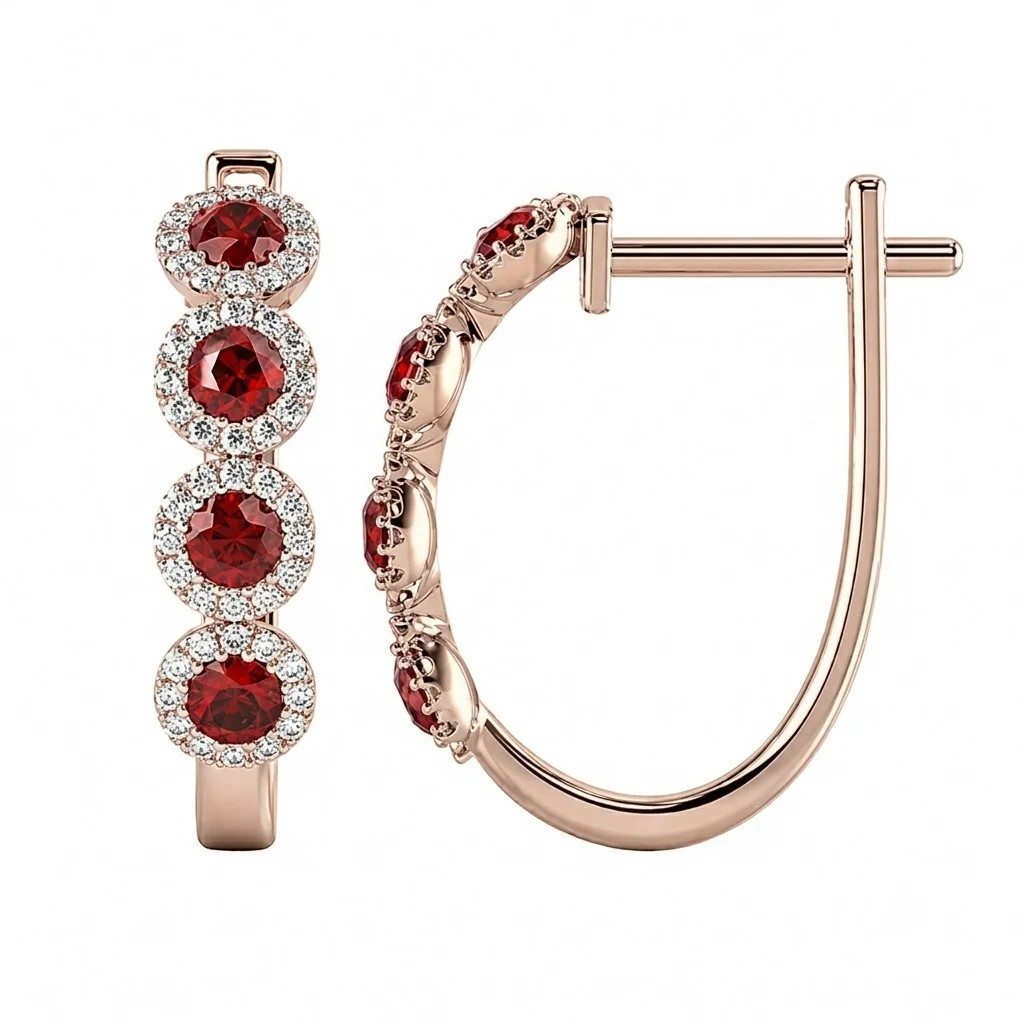 Beautiful..! 0.60 CT Ruby & Diamond Halo Hoop Earrings - Image 4