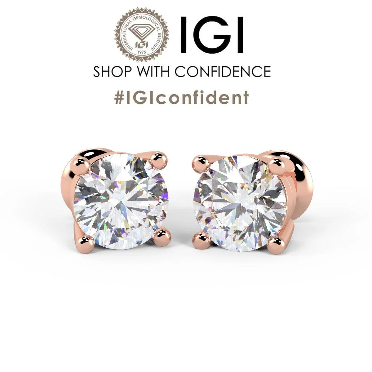 IGI Certified Round lab Diamond Stud Earrings in 18k Rose Gold 2ct-4ct E/VS