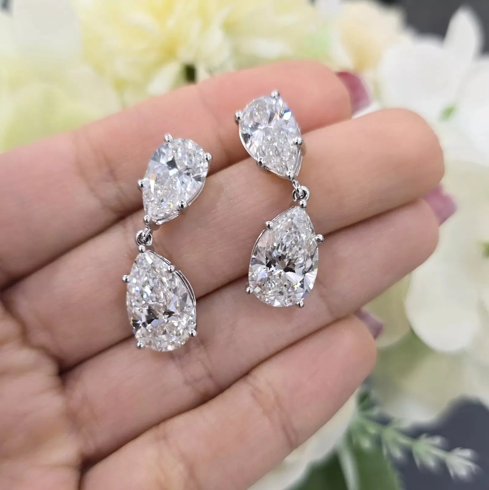 Clearance - CERTIFIED 12.00Ct Pear Diamond Dangle Drop Earring in Platinum - Image 2