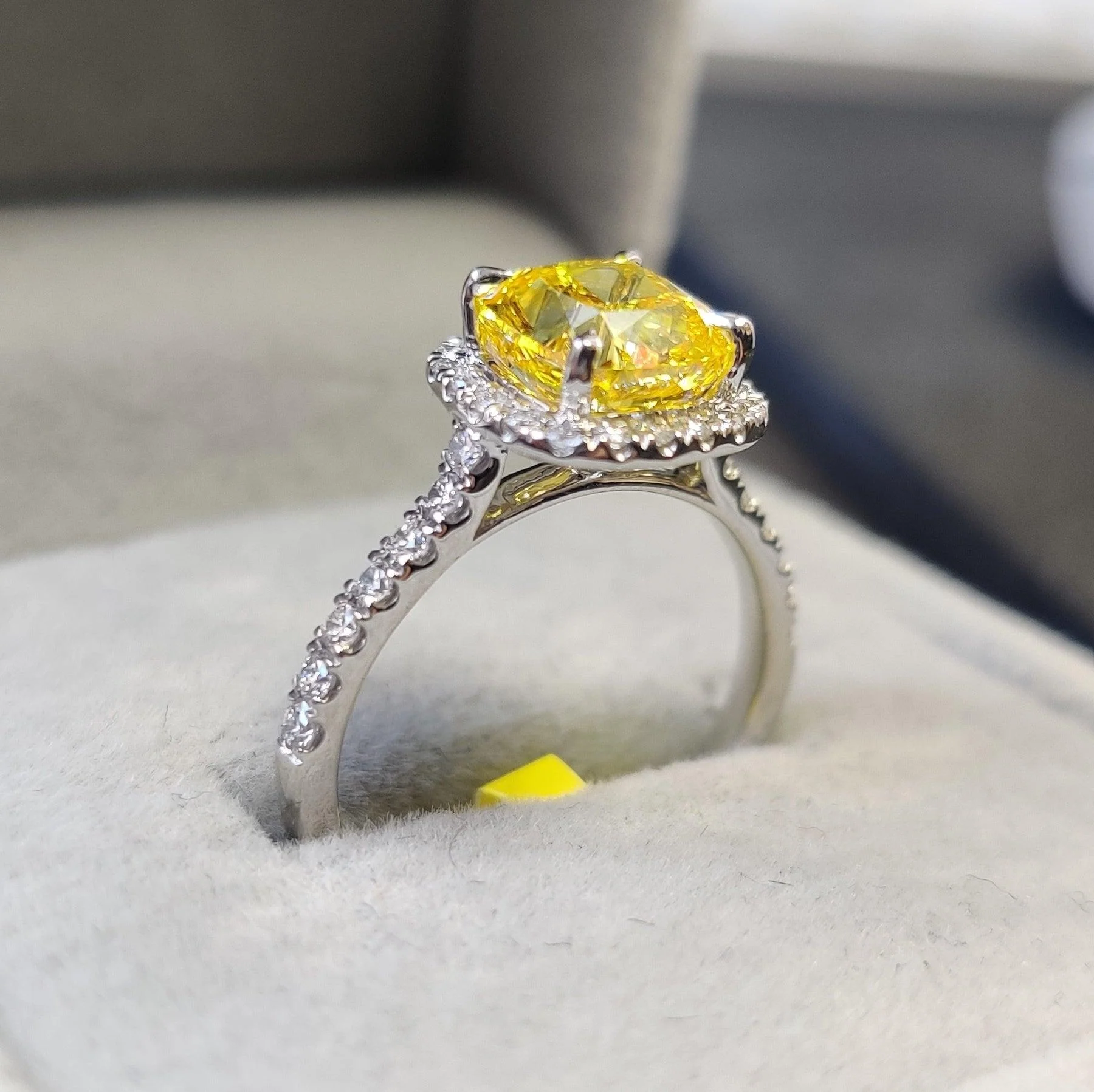 IGI CERTIFIED Fancy Vivid Yellow 2.40CT Cushion Diamond Halo Engagement Ring, Platinum - Image 5