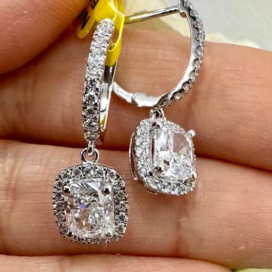 IGI Certified D/VS 2.70 Ct LAB GROWN CUSHION DIAMOND HOOP WITH HANGING HALO EARRING IN 18K WHITE GOLD - Image 3