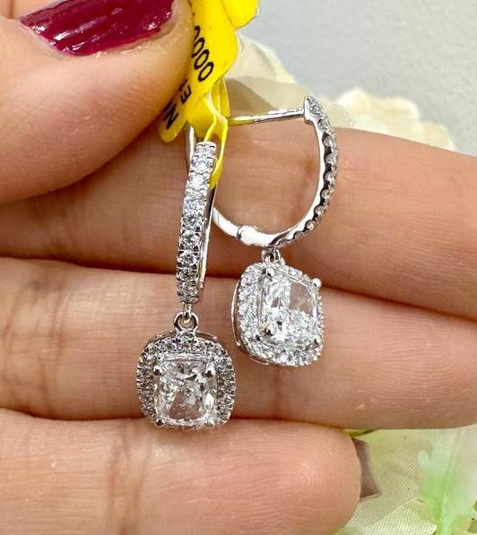 IGI Certified D/VS 2.70 Ct LAB GROWN CUSHION DIAMOND HOOP WITH HANGING HALO EARRING IN 18K WHITE GOLD - Image 4