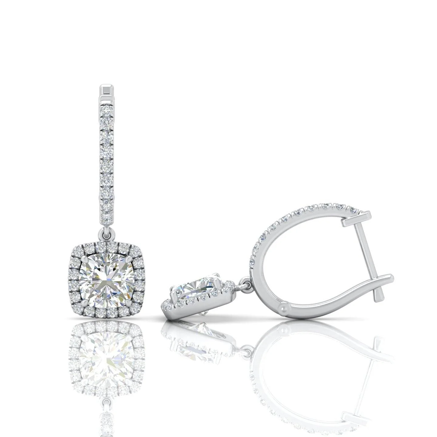 IGI Certified D/VS 2.70 Ct LAB GROWN CUSHION DIAMOND HOOP WITH HANGING HALO EARRING IN 18K WHITE GOLD - Image 6