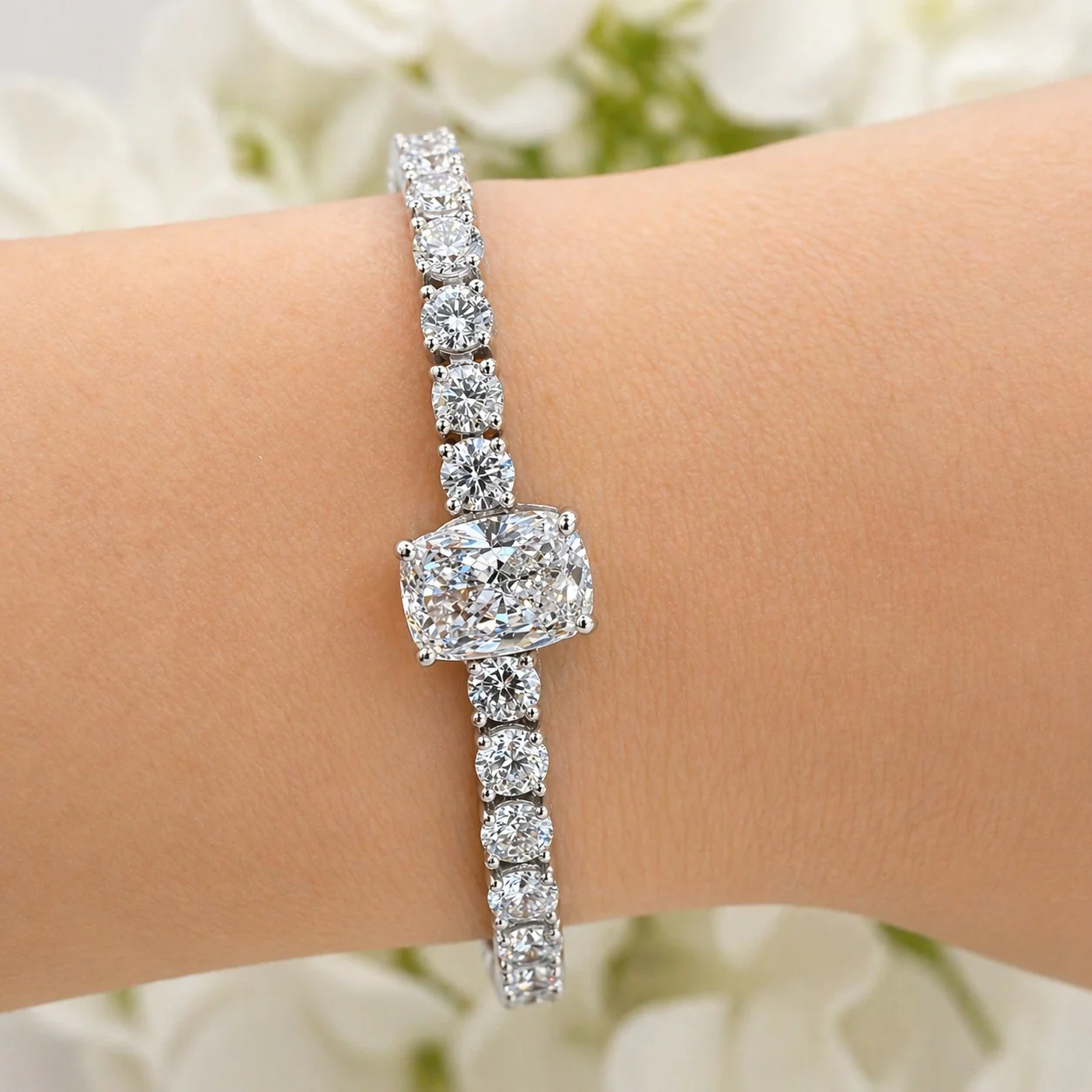8.00Ct Cushion and Round Lab Diamond Tennis Bracelet In 9k White Gold 7inch - Image 2