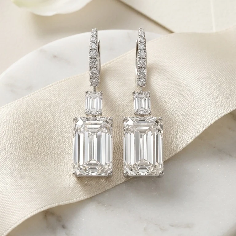 CERTIFIED 25 carat Emerald Diamond Dangle Drop Earring in Platinum