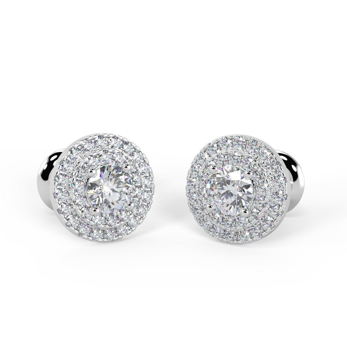 Exceptional White 0.60 Ct Round Diamond Double Halo Set Earrings,18k White Gold - Image 4