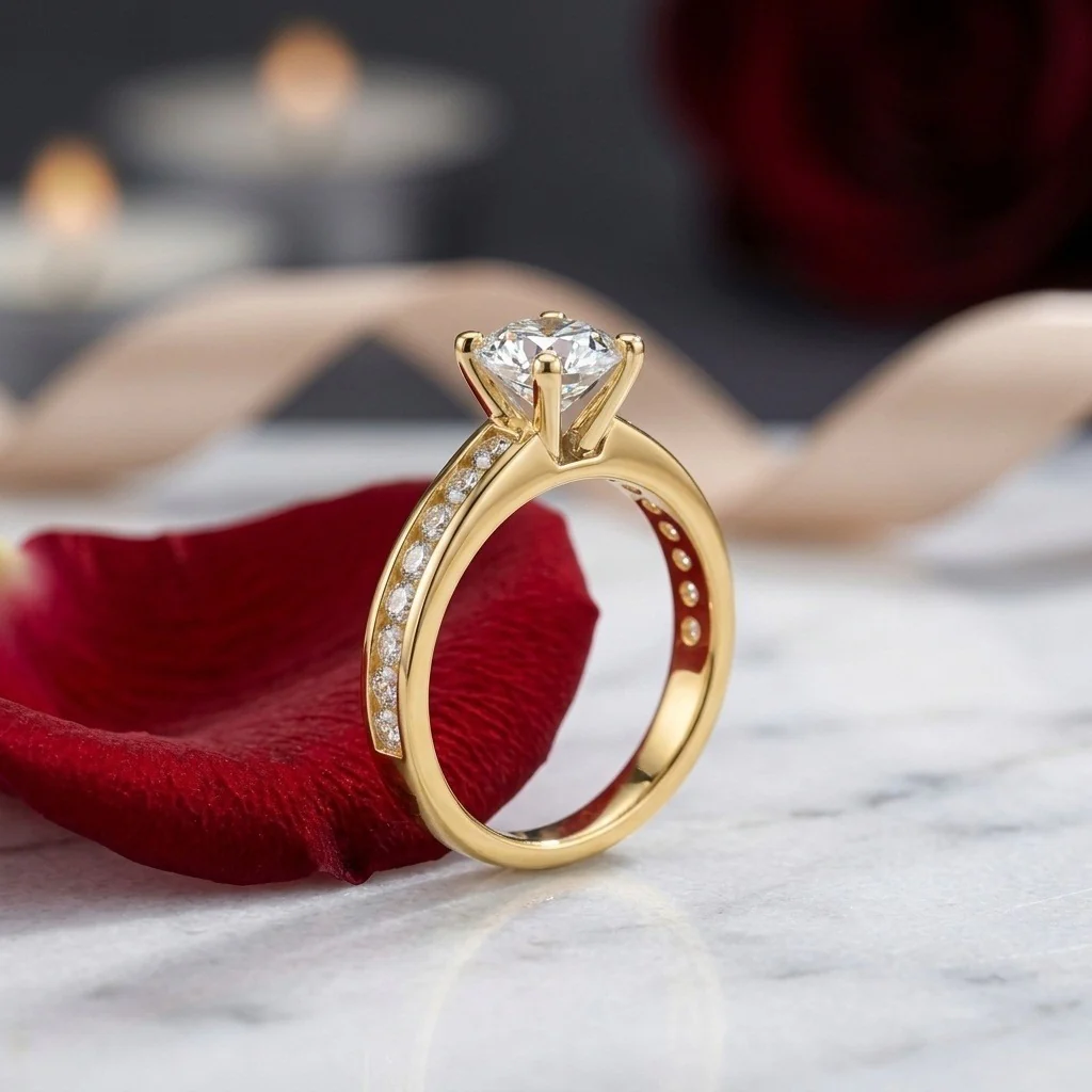 GIA Certified 1.25CT Round with Side Diamond Channel Set Engagement Ring In 18K Yellow Gold - Image 3