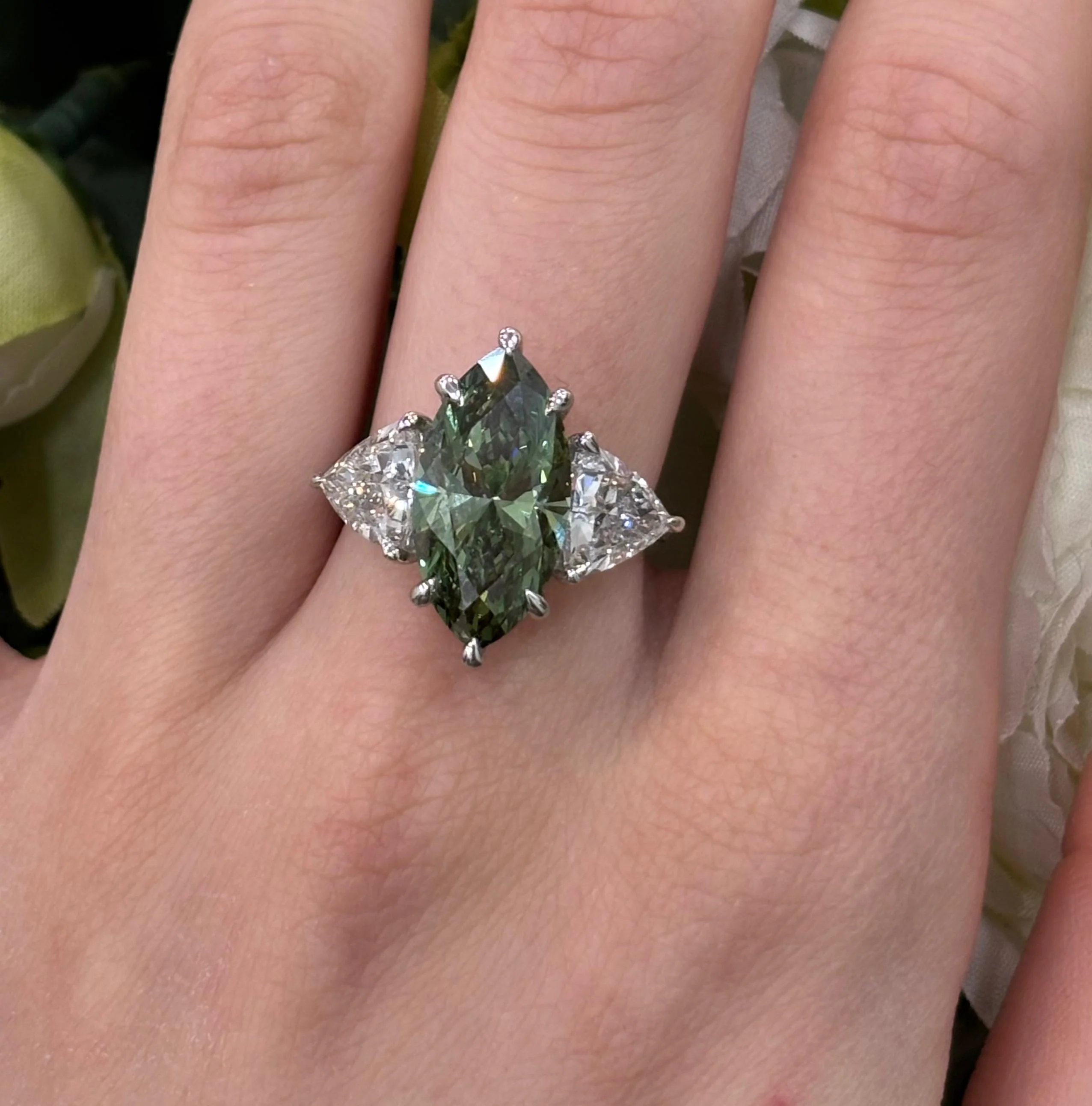 IGI 7.29Carat Lab Grown Fancy Vivid Green Marquise & Side Tapper Baguette Diamond Trilogy Ring In Platinum