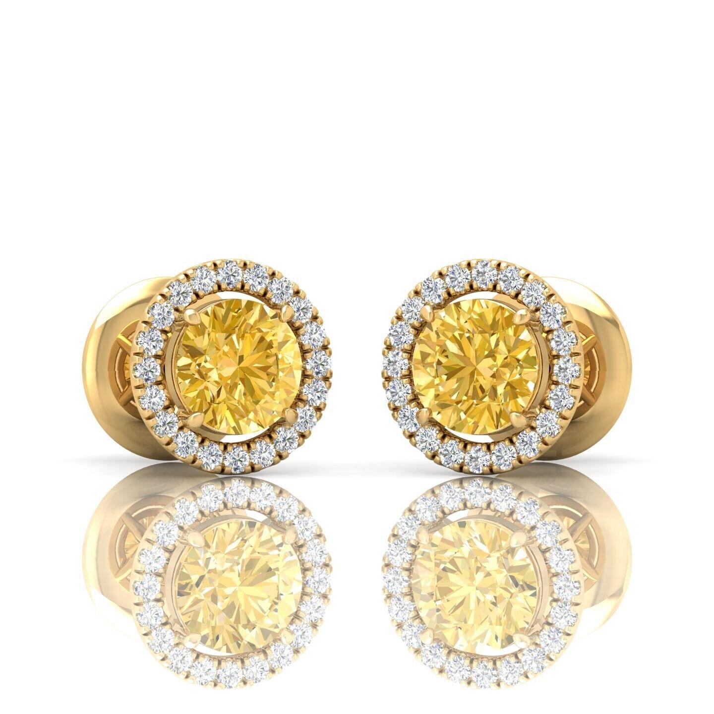 IGI Certified 2.60 Ct Fancy Vivid Yellow Round Diamond Halo Earring In 18k Yellow Gold - Image 3