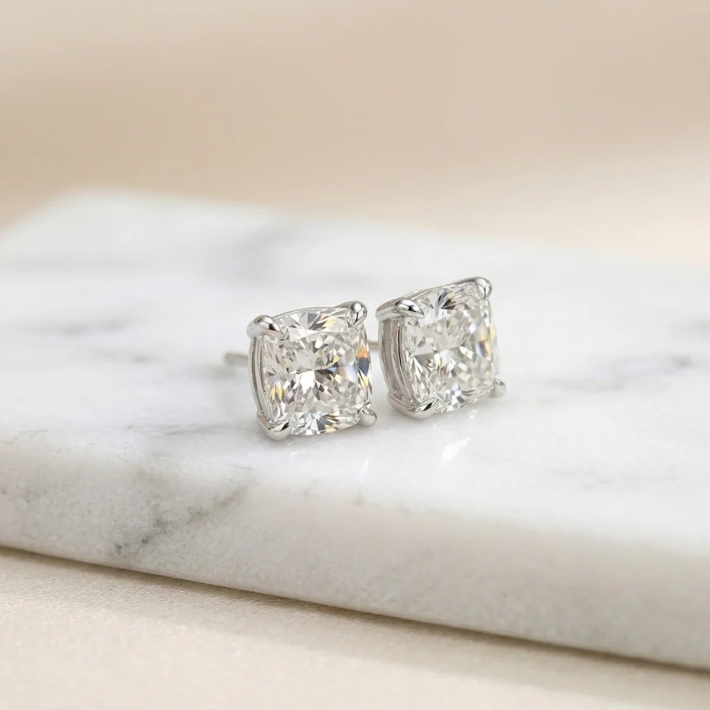 IGI Certified D-E/VS 2.00Ct Cushion Lab Diamond Stud Earrings In Platinum - Image 4