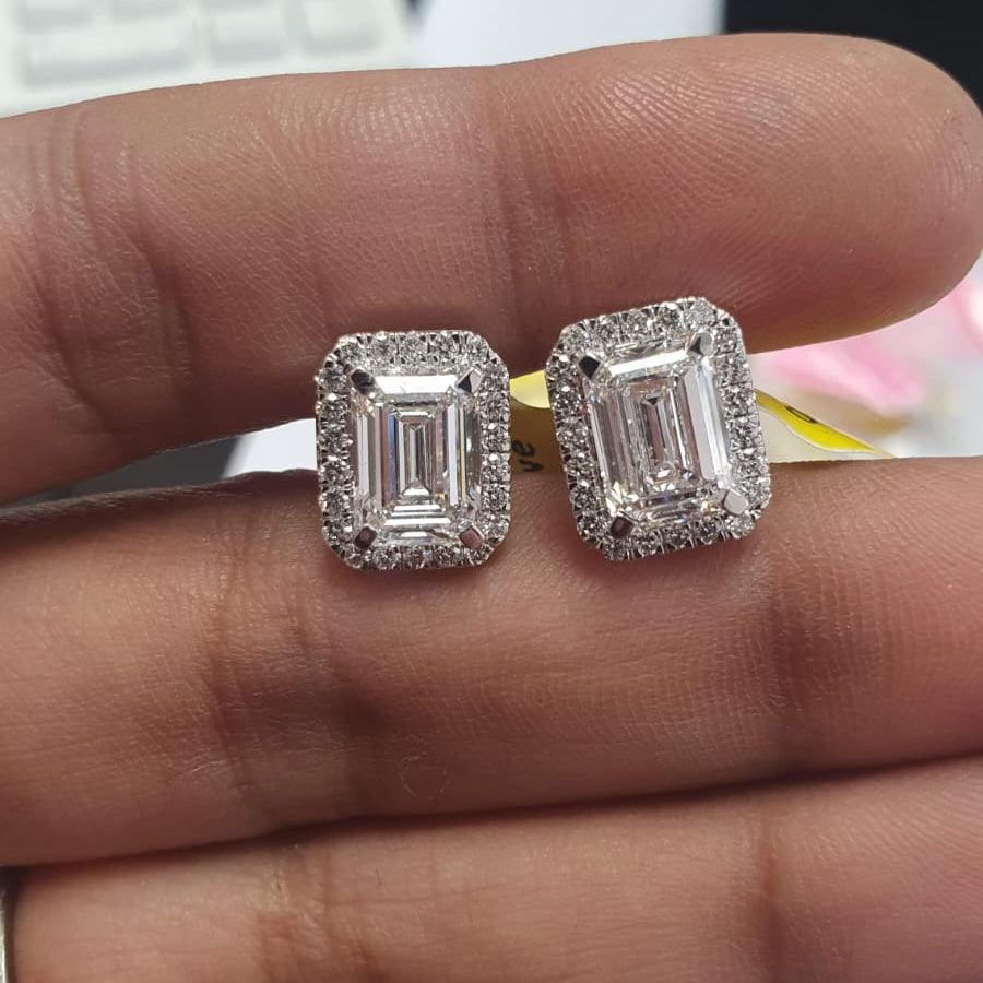 IGI Certified 4.70 Ct Emerald Cut Lab Diamond Halo Stud Earrings In 18k White Gold - Image 3