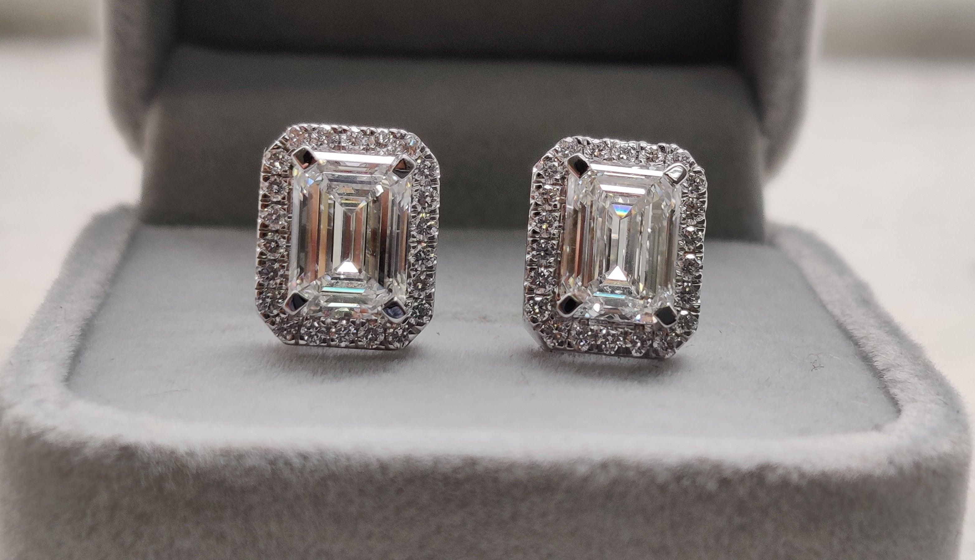 IGI Certified 4.70 Ct Emerald Cut Lab Diamond Halo Stud Earrings In 18k White Gold - Image 5