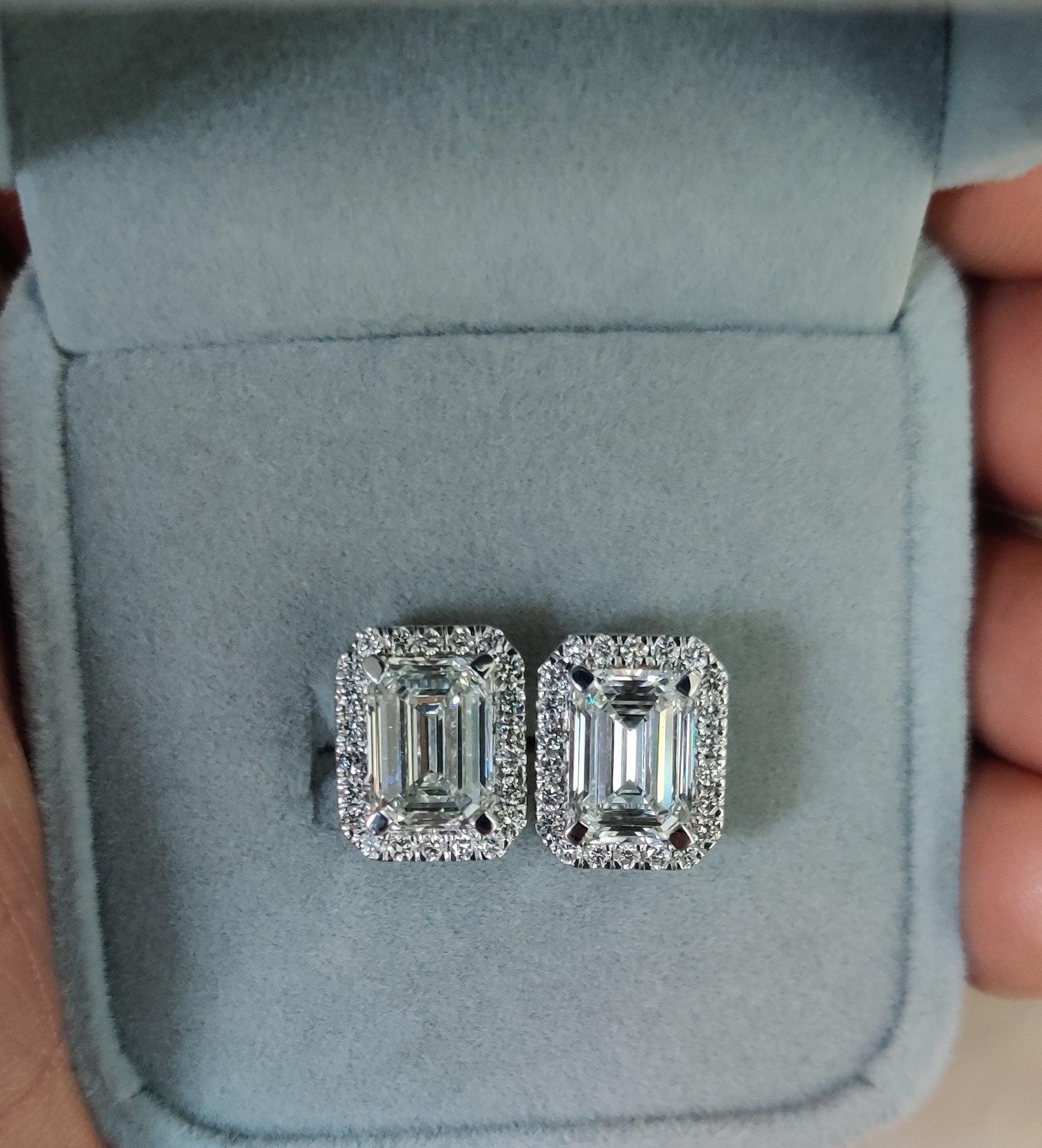 IGI Certified 4.70 Ct Emerald Cut Lab Diamond Halo Stud Earrings In 18k White Gold - Image 7