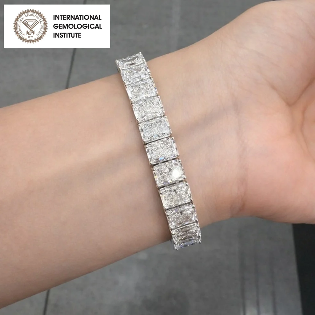 IGI Certified D/VS 51.94Ct Radiant Cut Lab Diamond Bracelet In Platinum 7.5in