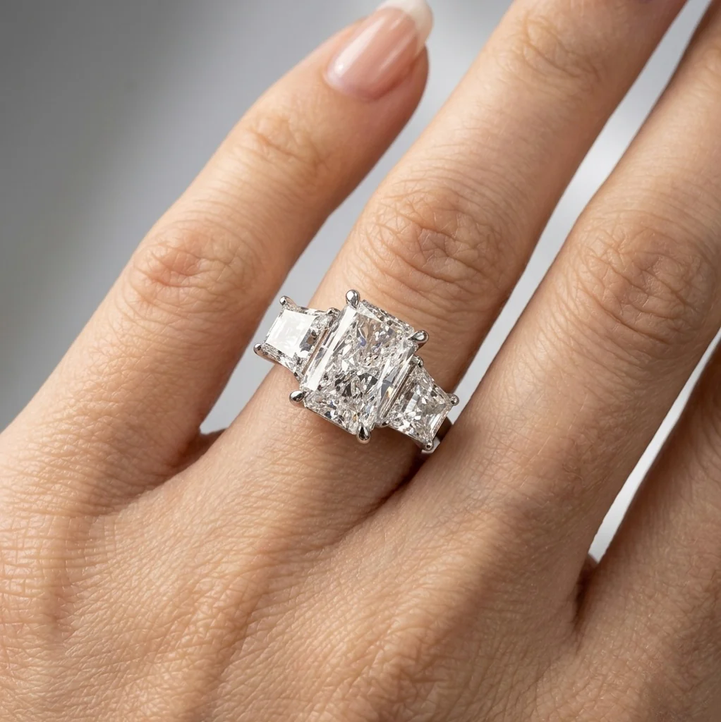 IGI Certified E/VS 6.50 Carat Radiant & Diamond Trilogy Ring Platinum - Image 4
