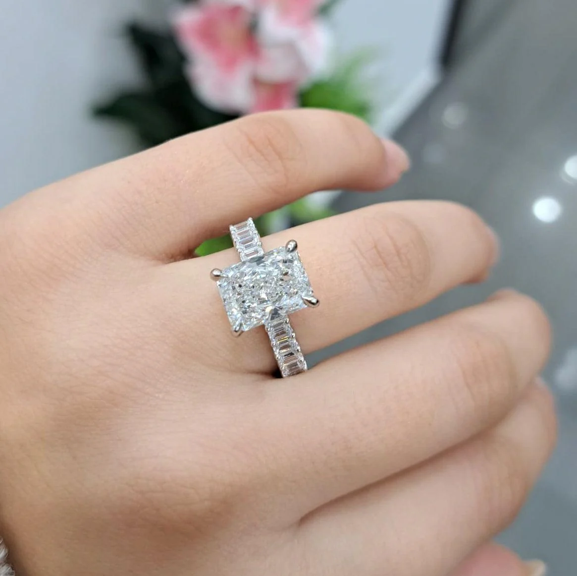 5.00Ct Radiant With Side Lab Diamond Hidden Halo Engagement Ring - Platinum