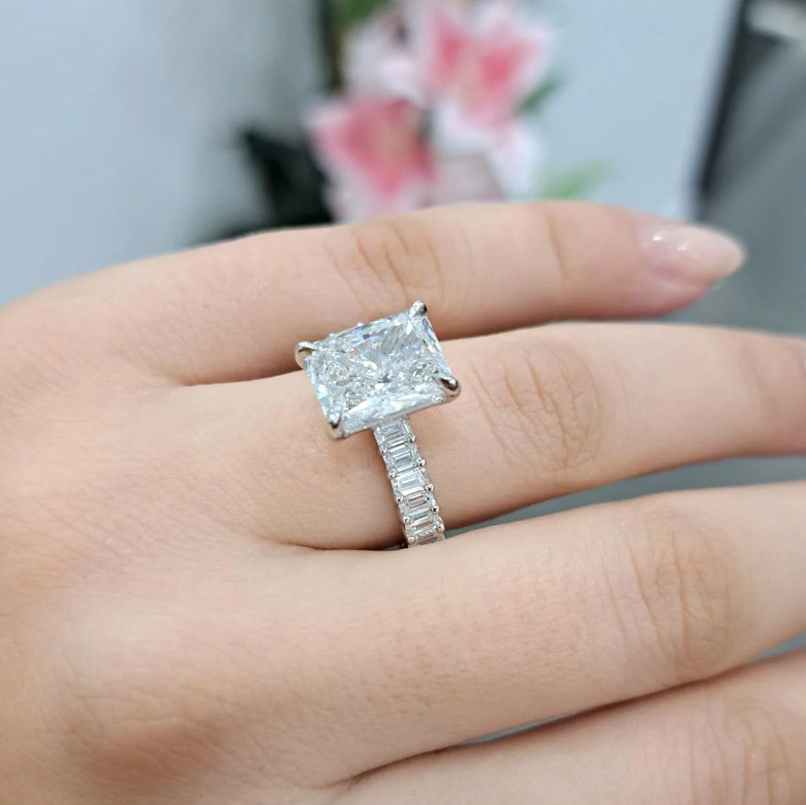 5.00Ct Radiant With Side Lab Diamond Hidden Halo Engagement Ring - Platinum - Image 2