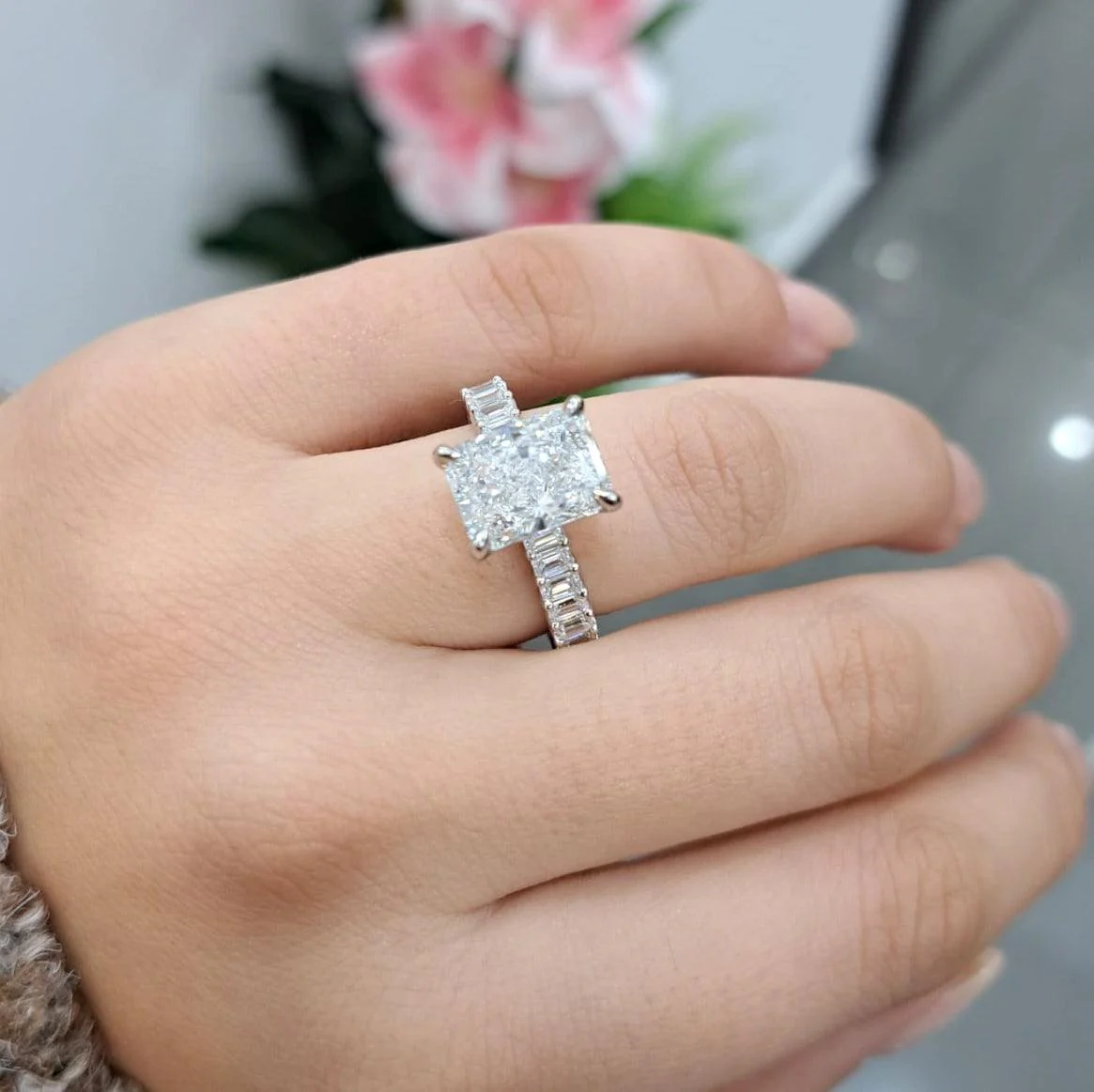 5.00Ct Radiant With Side Lab Diamond Hidden Halo Engagement Ring - Platinum - Image 3