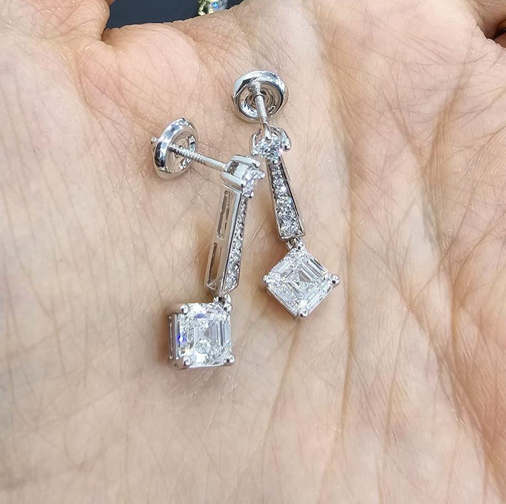 Last Piece ! Certified 3.50Carat Asscher Diamond Dangle Drop Earrings in 18k White Gold 5.00Grams - Image 5