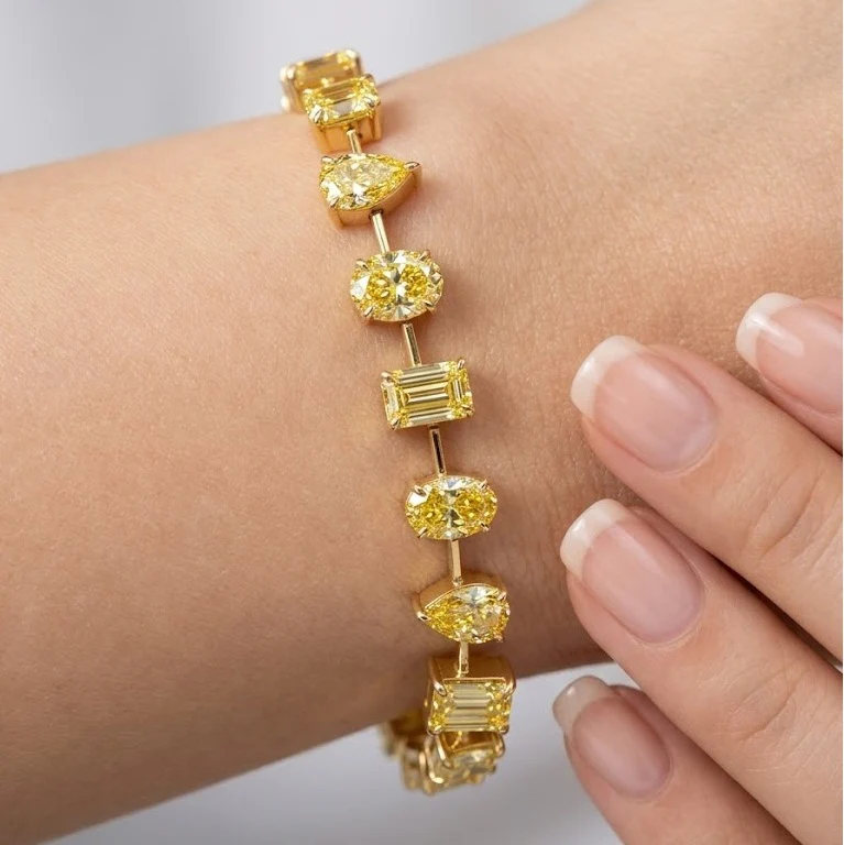 12.04Ct, Multi Shape Fancy Vivid Yellow Diamond Tennis Bracelet In 18K Yellow Gold - 15Grams - Image 2