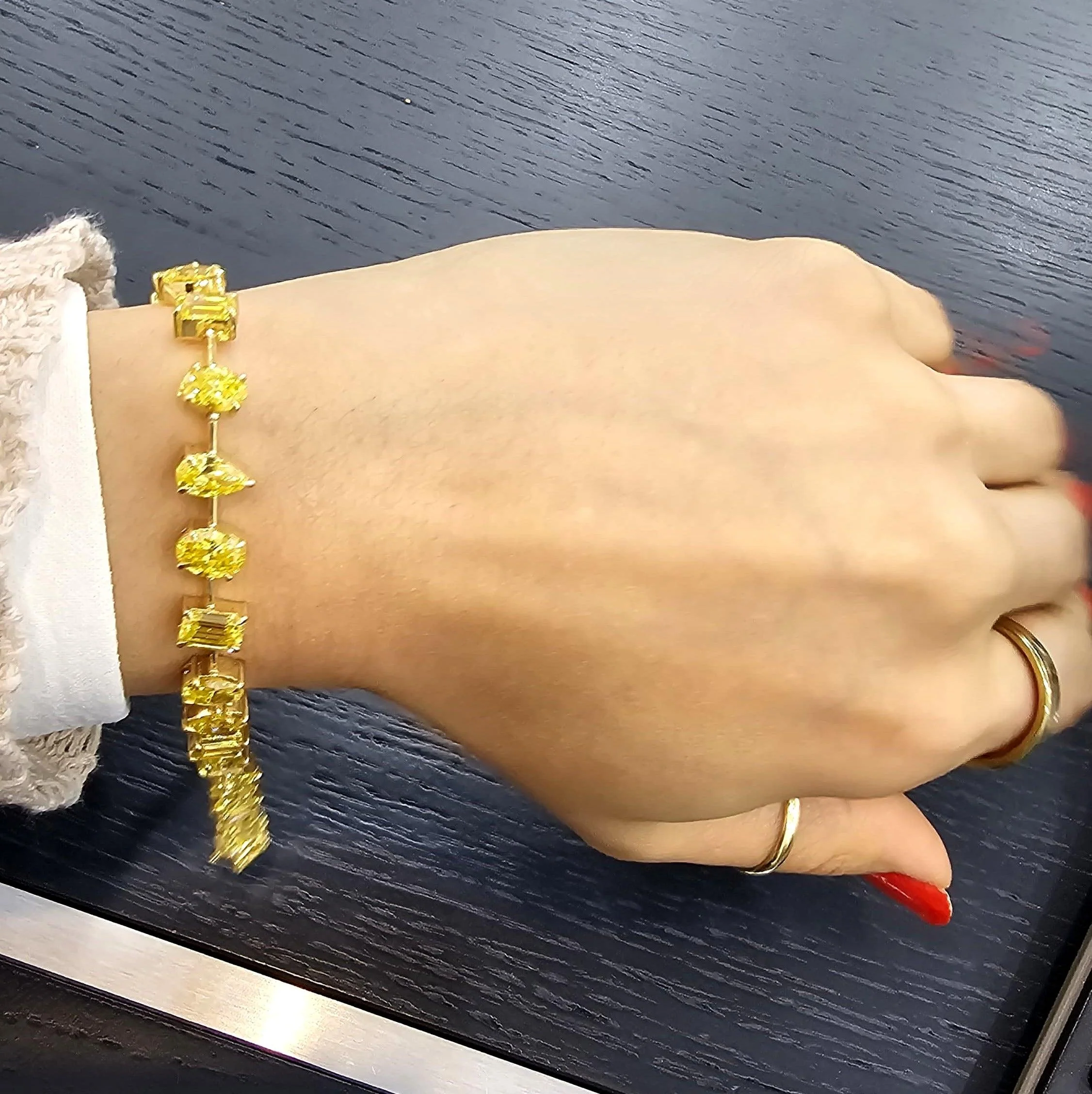 12.04Ct, Multi Shape Fancy Vivid Yellow Diamond Tennis Bracelet In 18K Yellow Gold - 15Grams - Image 6