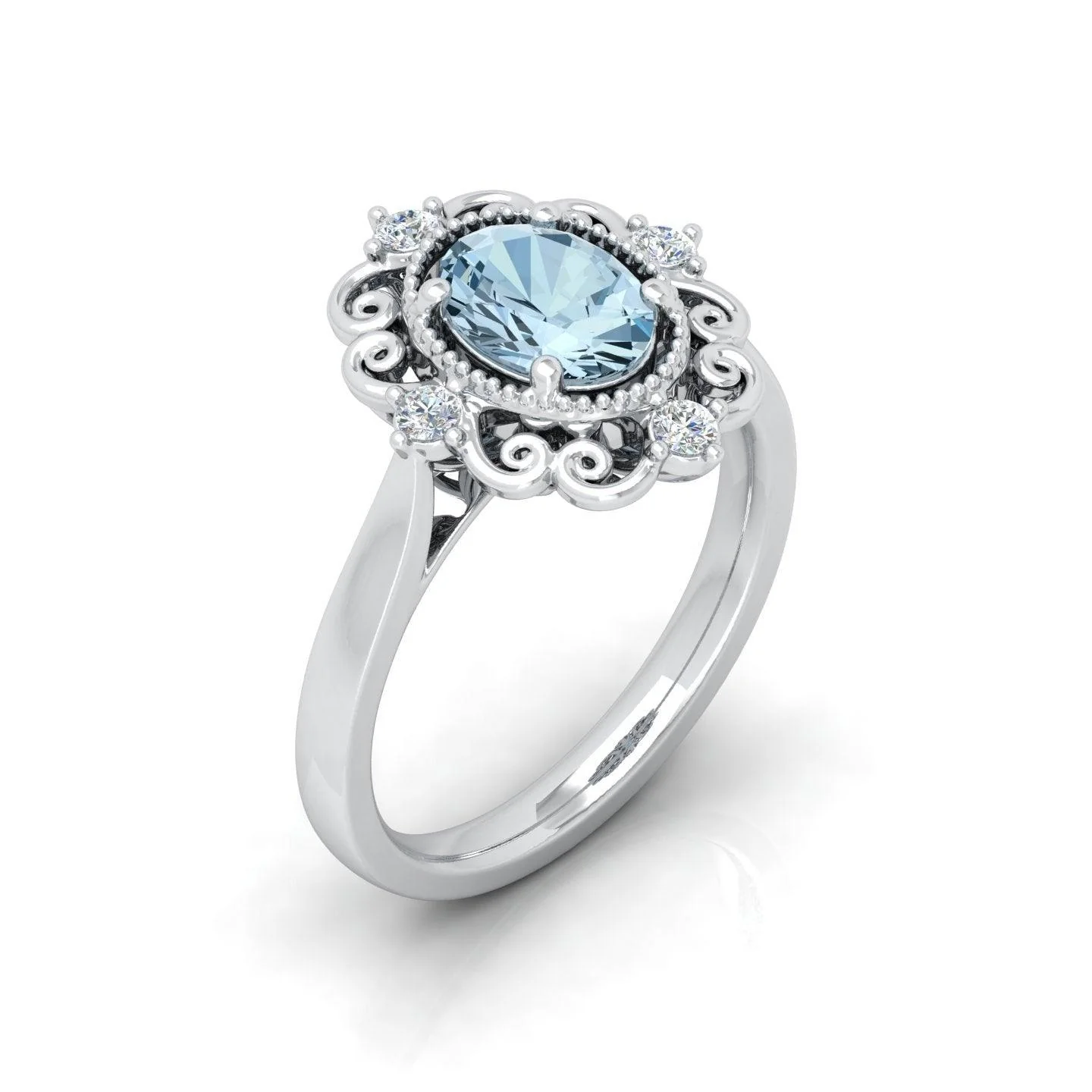Natural 1.00Ct Oval Blue aquamarine and White Diamond Designer Ring - March Birthstone - Image 5