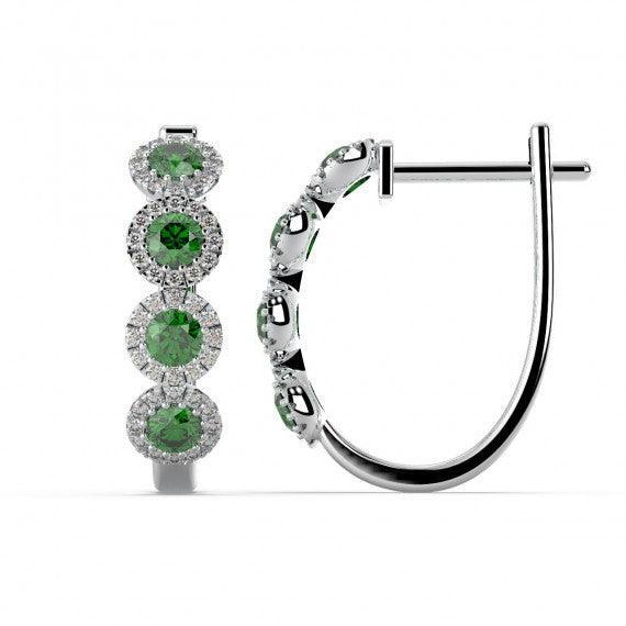 100% Natural Emerald & Diamond Halo Hoop Earrings in White Gold - Image 3