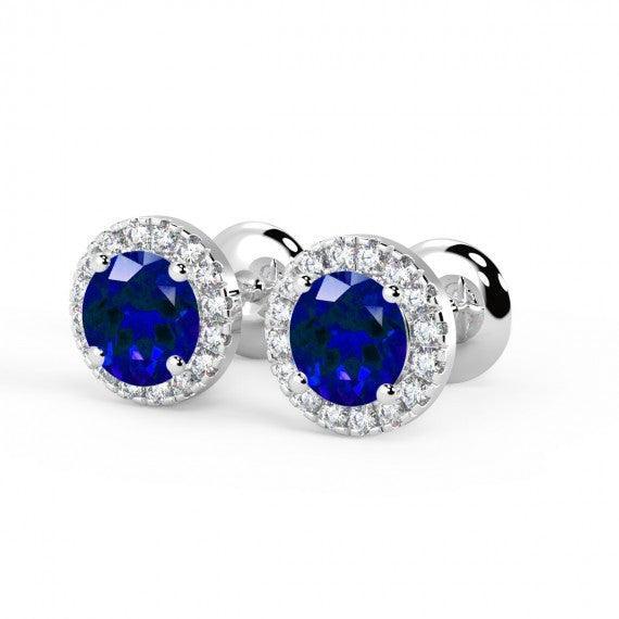 Natural Sapphire & Diamond Halo Set Earrings, White Gold - Image 3