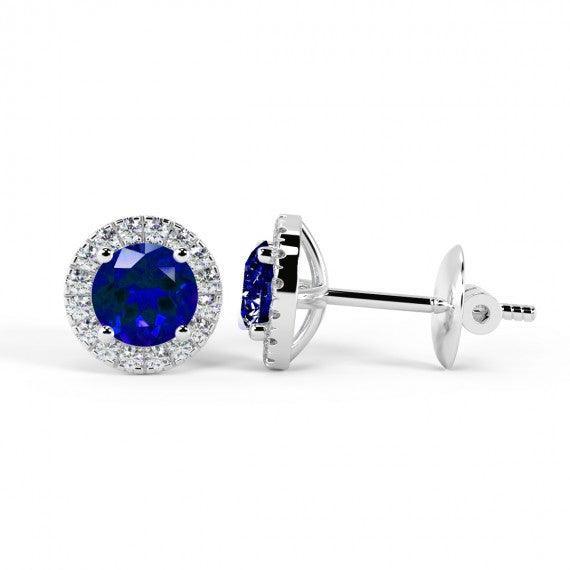 Natural Sapphire & Diamond Halo Set Earrings, White Gold - Image 4