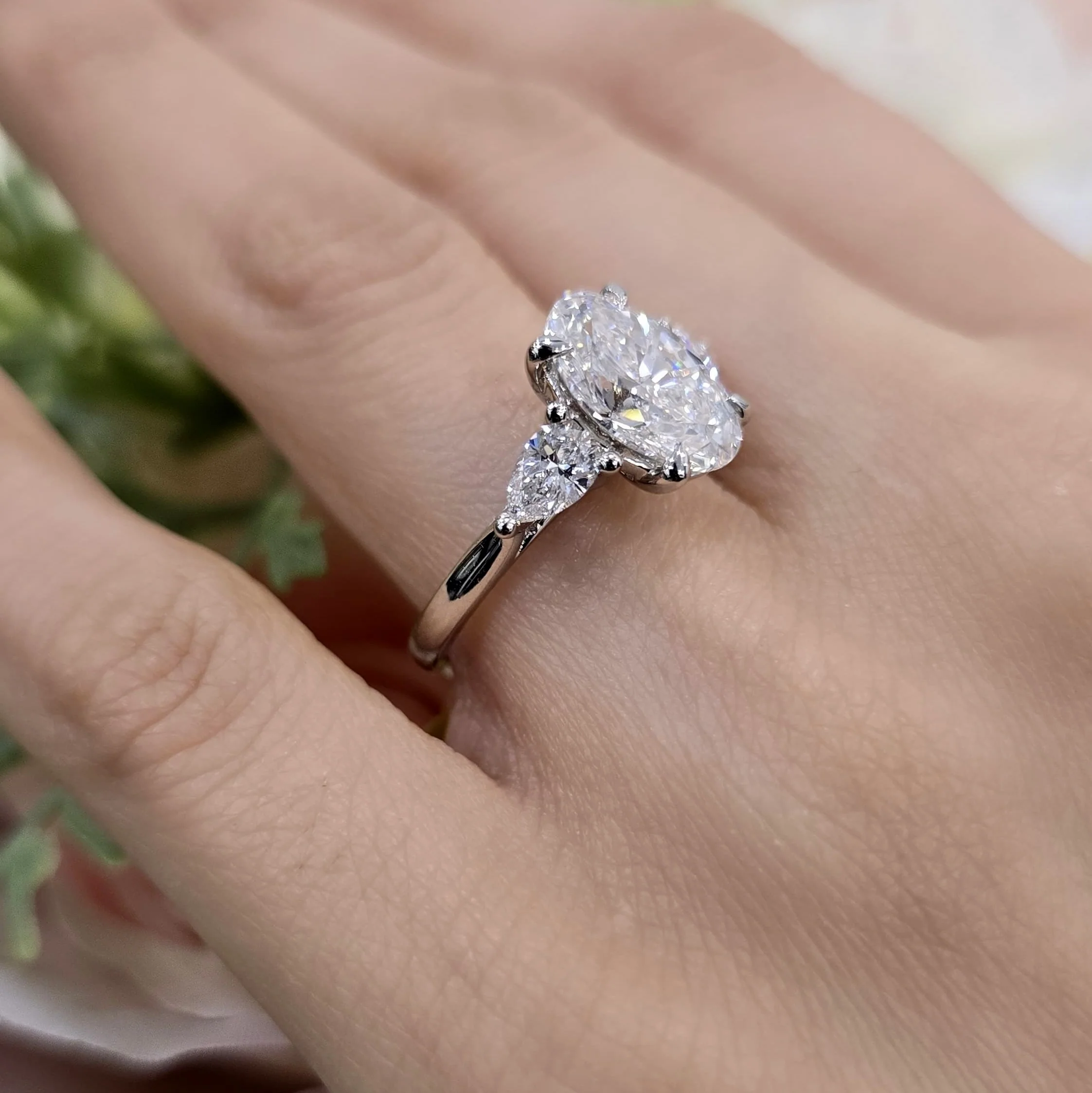 IGI Lab Grown Oval & Pear Shape Diamond Trilogy Ring In Platinum - Image 2