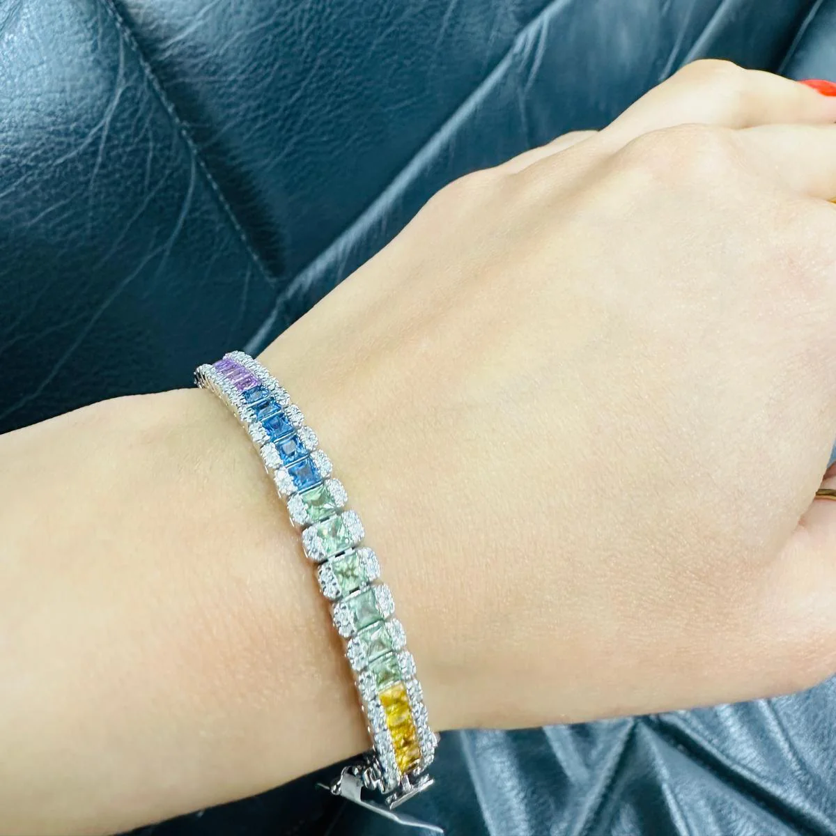 Last Piece! Rainbow Sapphire and Diamond Designer Bracelet - F/VS - 10Cts (2Ct Natural Diamonds) - Image 3