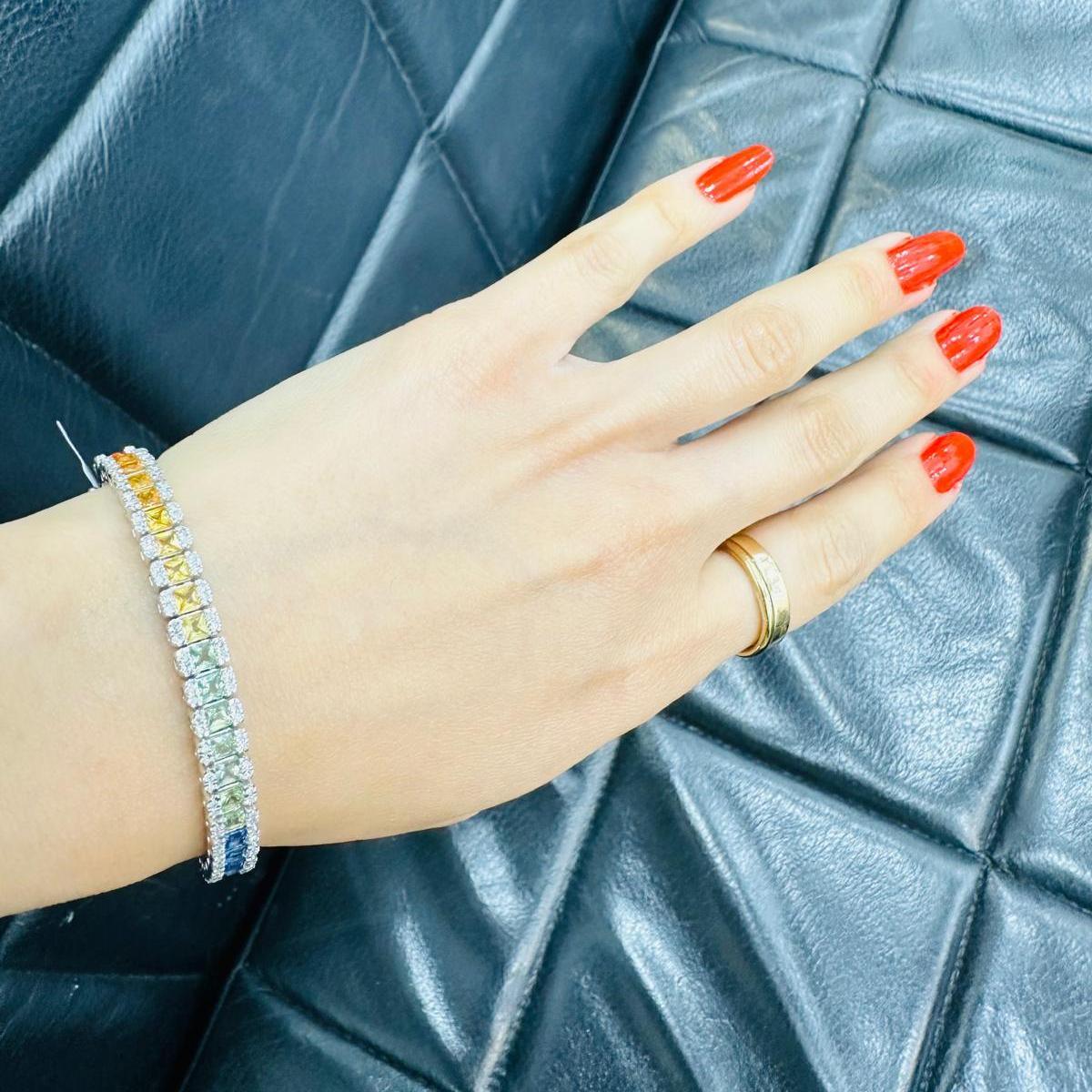 Last Piece! Rainbow Sapphire and Diamond Designer Bracelet - F/VS - 10Cts (2Ct Natural Diamonds) - Image 7